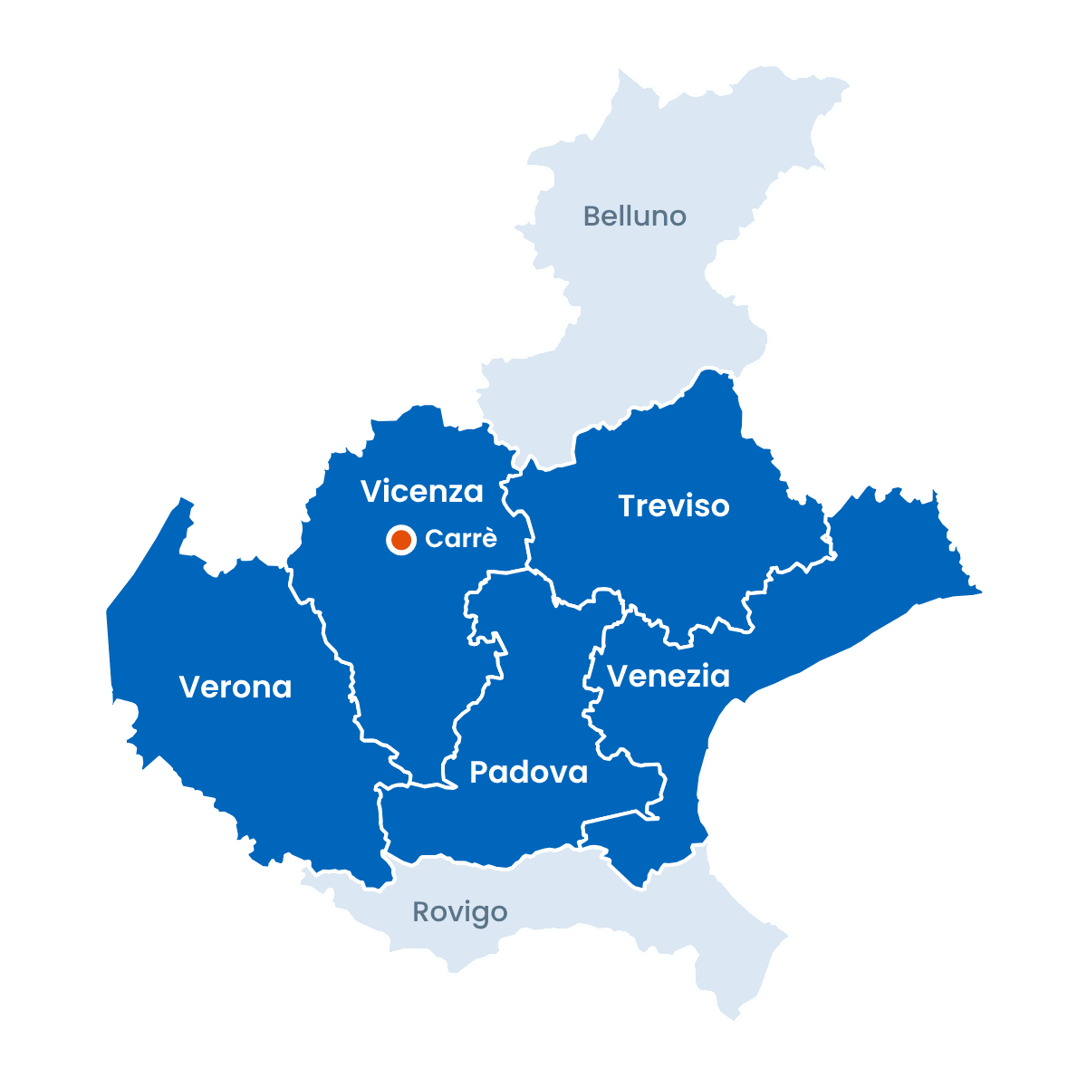 Mappa del Veneto con le province di Vicenza, Padova, Verona, Venezia e Treviso